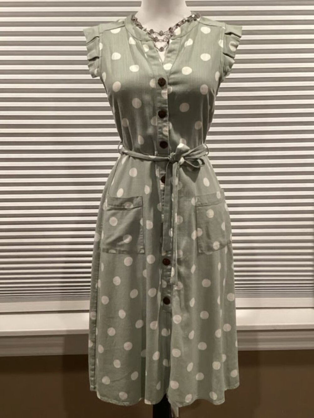 Monteau Los Angeles Linen/rayon Blend Green & White Poka Dot Dress Size Medium